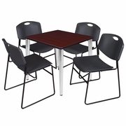 30 IN. SQUARE BREAKROOM TABLE- MAHOGANY TOP, CHROME BASE & 4 STACK CHAIRS- BLACK <FONT COLOR=GREEN>-FREE SHIPPING-</FONT>