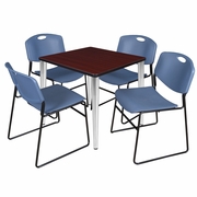 30 IN. SQUARE BREAKROOM TABLE- MAHOGANY TOP, CHROME BASE & 4 STACK CHAIRS- BLUE <FONT COLOR=GREEN>-FREE SHIPPING-</FONT>