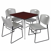 30 IN. SQUARE BREAKROOM TABLE- MAHOGANY TOP, CHROME BASE & 4 STACK CHAIRS- GREY <FONT COLOR=GREEN>-FREE SHIPPING-</FONT>