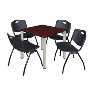 30 IN SQUARE BREAKROOM TABLE- MAHOGANY TOP, CHROME LEGS, 4 M STACK CHAIRS- BLACK <FONT COLOR=GREEN>-FREE SHIPPING-</FONT>