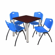 30 IN SQUARE BREAKROOM TABLE- MAHOGANY TOP, CHROME LEGS, 4 M STACK CHAIRS- BLUE <FONT COLOR=GREEN>-FREE SHIPPING-</FONT>