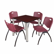 30 IN SQUARE BREAKROOM TABLE- MAHOGANY TOP, CHROME LEGS, 4 M STACK CHAIRS- BURGUNDY <FONT COLOR=GREEN>-FREE SHIPPING-</FONT>