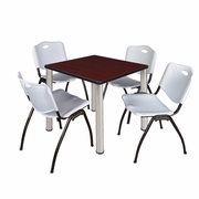 30 IN SQUARE BREAKROOM TABLE- MAHOGANY TOP, CHROME LEGS, 4 M STACK CHAIRS- GREY <FONT COLOR=GREEN>-FREE SHIPPING-</FONT>