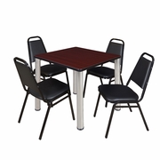 30 IN SQUARE BREAKROOM TABLE- MAHOGANY TOP, CHROME LEGS, 4 RESTAURANT STACK CHAIRS <FONT COLOR=GREEN>-FREE SHIPPING-</FONT>
