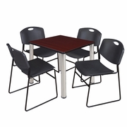 30 IN SQUARE BREAKROOM TABLE- MAHOGANY TOP, CHROME LEGS, 4 STACK CHAIRS- BLACK <FONT COLOR=GREEN>-FREE SHIPPING-</FONT>