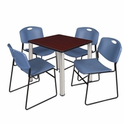 30 IN SQUARE BREAKROOM TABLE- MAHOGANY TOP, CHROME LEGS, 4 STACK CHAIRS- BLUE <FONT COLOR=GREEN>-FREE SHIPPING-</FONT>