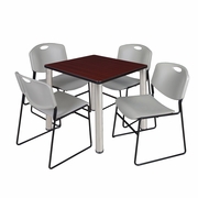 30 IN SQUARE BREAKROOM TABLE- MAHOGANY TOP, CHROME LEGS, 4 STACK CHAIRS- GREY <FONT COLOR=GREEN>-FREE SHIPPING-</FONT>
