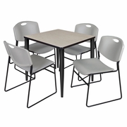 30 IN. SQUARE BREAKROOM TABLE- MAPLE TOP, BLACK BASE & 4 STACK CHAIRS- GREY <FONT COLOR=GREEN>-FREE SHIPPING-</FONT>