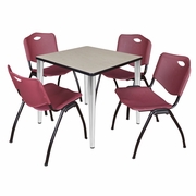 30 IN. SQUARE BREAKROOM TABLE- MAPLE TOP, CHROME BASE & 4 M STACK CHAIRS- BURGUNDY <FONT COLOR=GREEN>-FREE SHIPPING-</FONT>