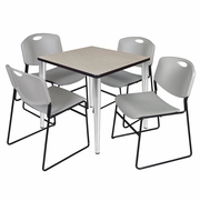 30 IN. SQUARE BREAKROOM TABLE- MAPLE TOP, CHROME BASE & 4 STACK CHAIRS- GREY <FONT COLOR=GREEN>-FREE SHIPPING-</FONT>