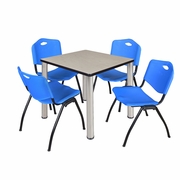 30 IN SQUARE BREAKROOM TABLE- MAPLE TOP, CHROME LEGS, 4 M STACK CHAIRS- BLUE <FONT COLOR=GREEN>-FREE SHIPPING-</FONT>