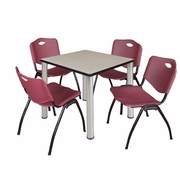 30 IN SQUARE BREAKROOM TABLE- MAPLE TOP, CHROME LEGS, 4 M STACK CHAIRS- BURGUNDY <FONT COLOR=GREEN>-FREE SHIPPING-</FONT>