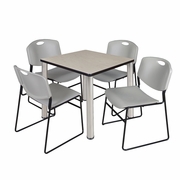 30 IN SQUARE BREAKROOM TABLE- MAPLE TOP, CHROME LEGS, 4 STACK CHAIRS- GREY <FONT COLOR=GREEN>-FREE SHIPPING-</FONT>