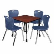 30 IN. SQUARE MOBILE ADJUSTABLE CLASSROOM TABLE- CHERRY & 4 ANDY 18 IN. STACK CHAIRS- BLUE <FONT COLOR=GREEN>-FREE SHIPPING-</FONT>