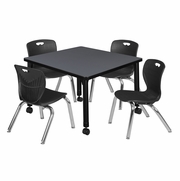 30 IN. SQUARE MOBILE ADJUSTABLE CLASSROOM TABLE- GREY & 4 ANDY 12 IN. STACK CHAIRS- BLACK <FONT COLOR=GREEN>-FREE SHIPPING-</FONT>