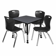 30 IN. SQUARE MOBILE ADJUSTABLE CLASSROOM TABLE- GREY & 4 ANDY 18 IN. STACK CHAIRS- BLACK <FONT COLOR=GREEN>-FREE SHIPPING-</FONT>