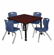 30 IN. SQUARE MOBILE ADJUSTABLE CLASSROOM TABLE- MAHOGANY & 4 ANDY 12 IN. STACK CHAIRS- BLUE <FONT COLOR=GREEN>-FREE SHIPPING-</FONT>