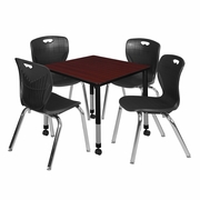 30 IN. SQUARE MOBILE ADJUSTABLE CLASSROOM TABLE- MAHOGANY & 4 ANDY 18 IN. STACK CHAIRS- BLACK <FONT COLOR=GREEN>-FREE SHIPPING-</FONT>