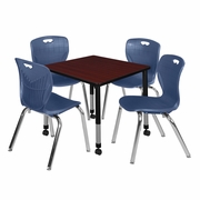 30 IN. SQUARE MOBILE ADJUSTABLE CLASSROOM TABLE- MAHOGANY & 4 ANDY 18 IN. STACK CHAIRS- BLUE <FONT COLOR=GREEN>-FREE SHIPPING-</FONT>