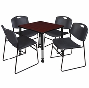 30 IN. SQUARE MOBILE ADJUSTABLE CLASSROOM TABLE- MAHOGANY & 4 STACK CHAIRS- BLACK <FONT COLOR=GREEN>-FREE SHIPPING-</FONT>