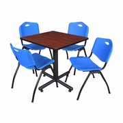30 IN. SQUARE X-BASE BREAKROOM TABLE- CHERRY, 4 M STACK CHAIRS- BLUE <FONT COLOR=GREEN>-FREE SHIPPING-</FONT>