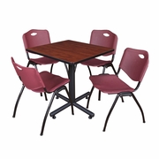 30 IN. SQUARE X-BASE BREAKROOM TABLE- CHERRY, 4 M STACK CHAIRS- BURGUNDY <FONT COLOR=GREEN>-FREE SHIPPING-</FONT>