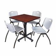 30 IN. SQUARE X-BASE BREAKROOM TABLE- CHERRY, 4 M STACK CHAIRS- GREY <FONT COLOR=GREEN>-FREE SHIPPING-</FONT>