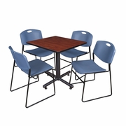 30 IN. SQUARE X-BASE BREAKROOM TABLE- CHERRY, 4 STACK CHAIRS- BLUE <FONT COLOR=GREEN>-FREE SHIPPING-</FONT>