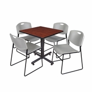 30 IN. SQUARE X-BASE BREAKROOM TABLE- CHERRY, 4 STACK CHAIRS- GREY <FONT COLOR=GREEN>-FREE SHIPPING-</FONT>