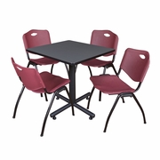 30 IN. SQUARE X-BASE BREAKROOM TABLE- GREY, 4 M STACK CHAIRS- BURGUNDY <FONT COLOR=GREEN>-FREE SHIPPING-</FONT>