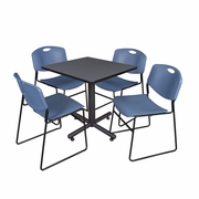 30 IN. SQUARE X-BASE BREAKROOM TABLE- GREY, 4 STACK CHAIRS- BLUE <FONT COLOR=GREEN>-FREE SHIPPING-</FONT>