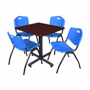 30 IN. SQUARE X-BASE BREAKROOM TABLE- MAHOGANY, 4 M STACK CHAIRS- BLUE <FONT COLOR=GREEN>-FREE SHIPPING-</FONT>
