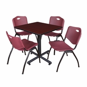 30 IN. SQUARE X-BASE BREAKROOM TABLE- MAHOGANY, 4 M STACK CHAIRS- BURGUNDY <FONT COLOR=GREEN>-FREE SHIPPING-</FONT>