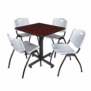 30 IN. SQUARE X-BASE BREAKROOM TABLE- MAHOGANY, 4 M STACK CHAIRS- GREY <FONT COLOR=GREEN>-FREE SHIPPING-</FONT>