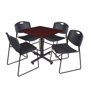 30 IN. SQUARE X-BASE BREAKROOM TABLE- MAHOGANY, 4 STACK CHAIRS- BLACK <FONT COLOR=GREEN>-FREE SHIPPING-</FONT>