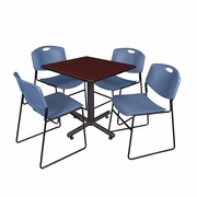 30 IN. SQUARE X-BASE BREAKROOM TABLE- MAHOGANY, 4 STACK CHAIRS- BLUE <FONT COLOR=GREEN>-FREE SHIPPING-</FONT>
