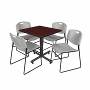 30 IN. SQUARE X-BASE BREAKROOM TABLE- MAHOGANY, 4 STACK CHAIRS- GREY <FONT COLOR=GREEN>-FREE SHIPPING-</FONT>