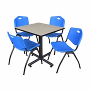 30 IN. SQUARE X-BASE BREAKROOM TABLE- MAPLE, 4 M STACK CHAIRS- BLUE <FONT COLOR=GREEN>-FREE SHIPPING-</FONT>