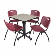 30 IN. SQUARE X-BASE BREAKROOM TABLE- MAPLE, 4 M STACK CHAIRS- BURGUNDY <FONT COLOR=GREEN>-FREE SHIPPING-</FONT>