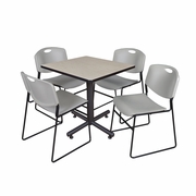 30 IN. SQUARE X-BASE BREAKROOM TABLE- MAPLE, 4 STACK CHAIRS- GREY <FONT COLOR=GREEN>-FREE SHIPPING-</FONT>