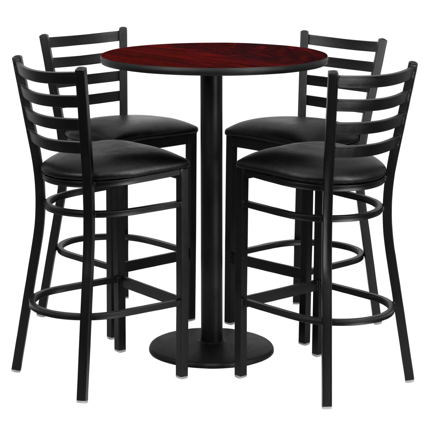 30'' ROUND MAHOGANY LAMINATE TABLE SET WITH ROUND BASE AND 4 LADDER BACK METAL BARSTOOLS - BLACK VINYL SEAT: <font color=green>FREE SHIPPING!</font> 30'' ROUND MAHOGANY LAMINATE TABLE SET WITH ROUND BASE AND 4 LADDER BACK METAL BARSTOOLS - BLACK VINYL SEAT: <font color=green>FREE SHIPPING!</font>