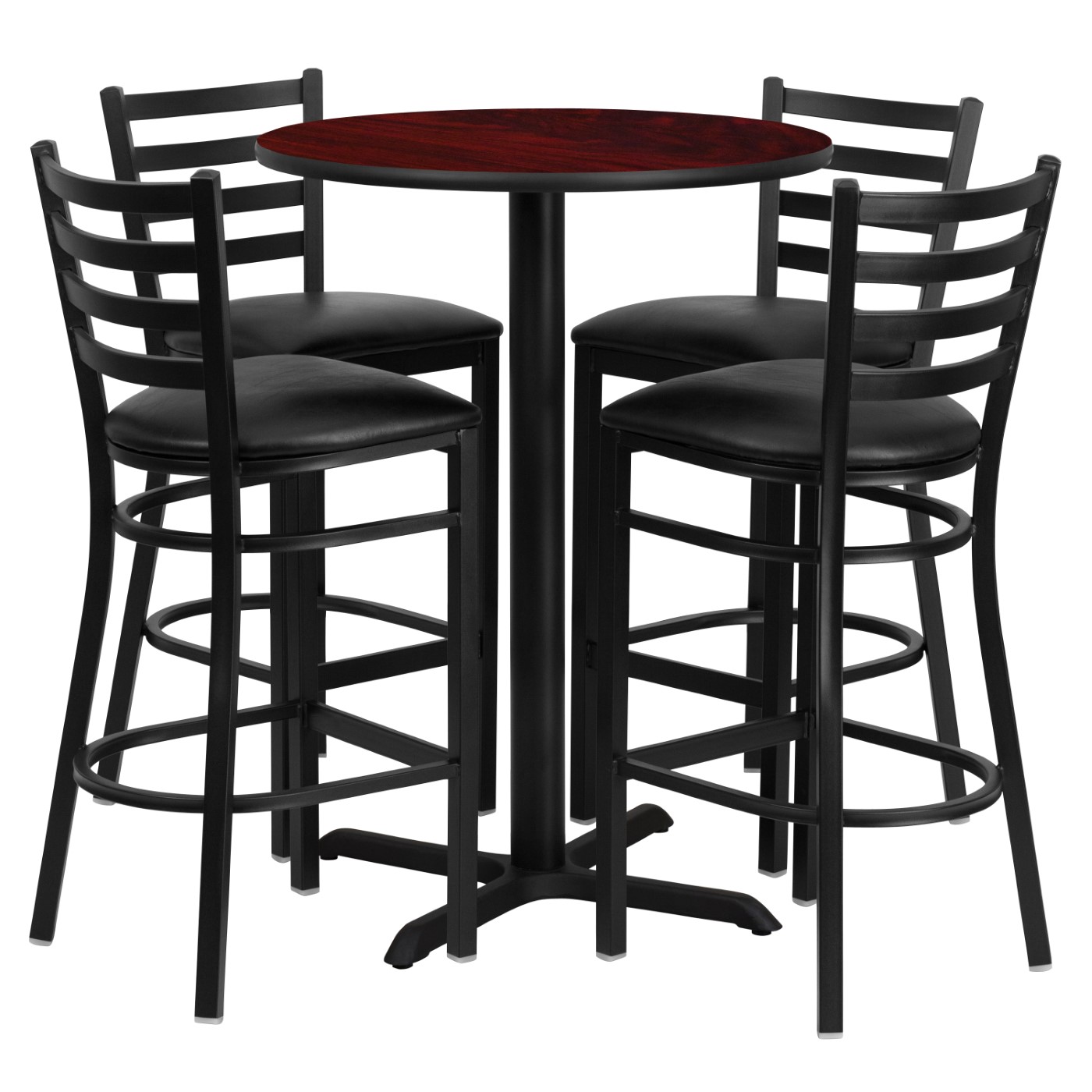 30'' ROUND MAHOGANY LAMINATE TABLE SET WITH X-BASE AND 4 LADDER BACK METAL BARSTOOLS - BLACK VINYL SEAT: <font color=green>FREE SHIPPING!</font> 30'' ROUND MAHOGANY LAMINATE TABLE SET WITH X-BASE AND 4 LADDER BACK METAL BARSTOOLS - BLACK VINYL SEAT: <font color=green>FREE SHIPPING!</font>