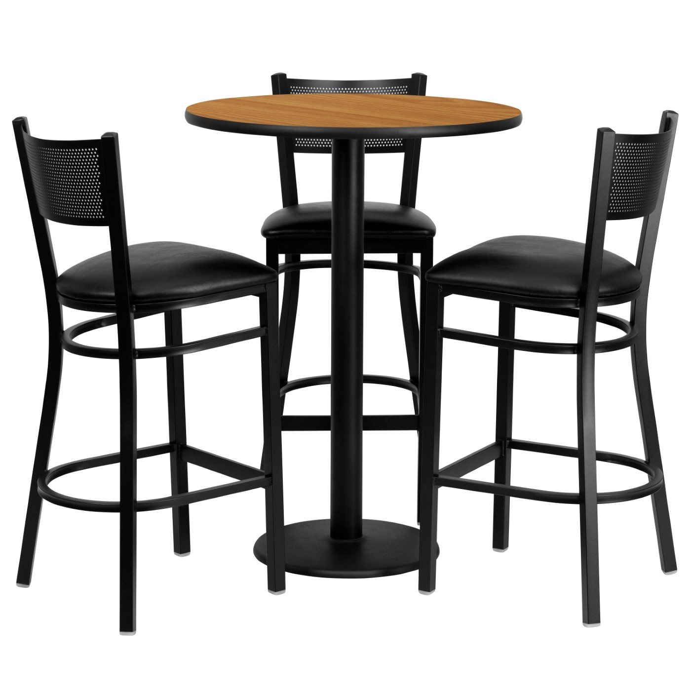 30'' ROUND NATURAL LAMINATE TABLE SET WITH 3 GRID BACK METAL BARSTOOLS - BLACK VINYL SEAT: <font color=green>FREE SHIPPING!</font> 30'' ROUND NATURAL LAMINATE TABLE SET WITH 3 GRID BACK METAL BARSTOOLS - BLACK VINYL SEAT: <font color=green>FREE SHIPPING!</font>