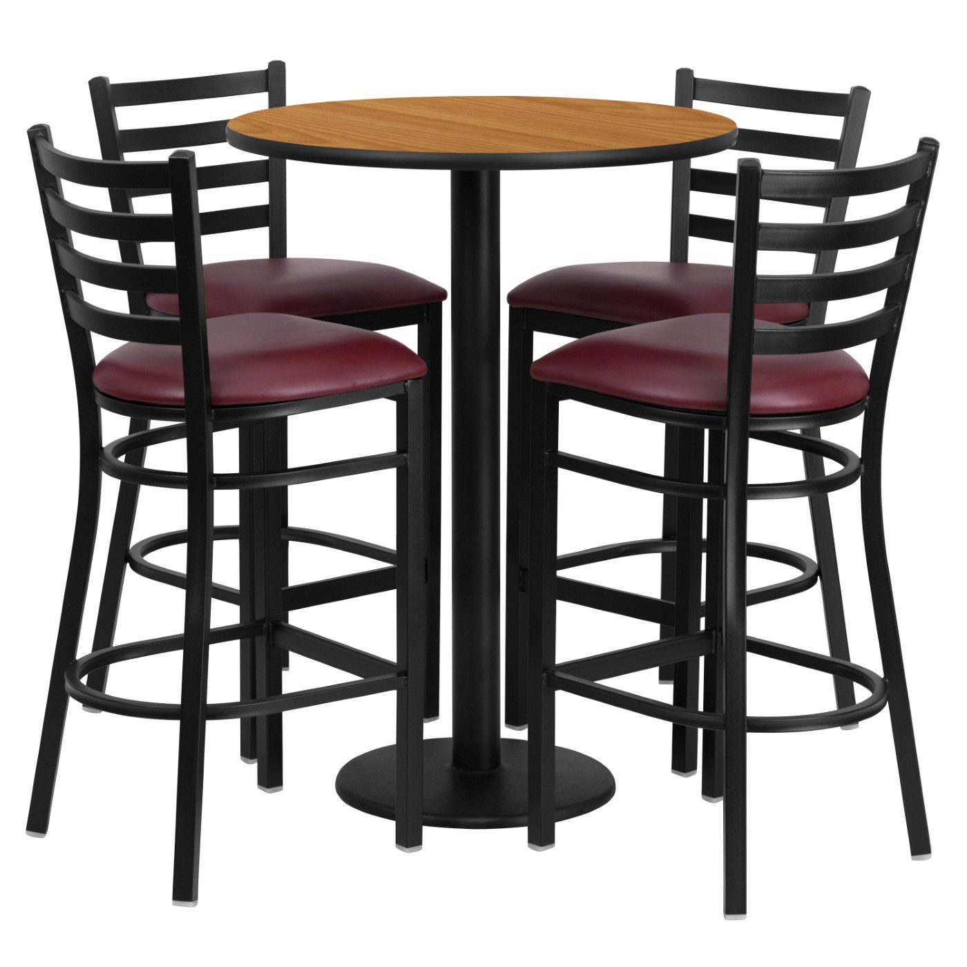 30'' ROUND NATURAL LAMINATE TABLE SET WITH ROUND BASE AND 4 LADDER BACK METAL BARSTOOLS - BURGUNDY VINYL SEAT: <font color=green>FREE SHIPPING!</font> 30'' ROUND NATURAL LAMINATE TABLE SET WITH ROUND BASE AND 4 LADDER BACK METAL BARSTOOLS - BURGUNDY VINYL SEAT: <font color=green>FREE SHIPPING!</font>