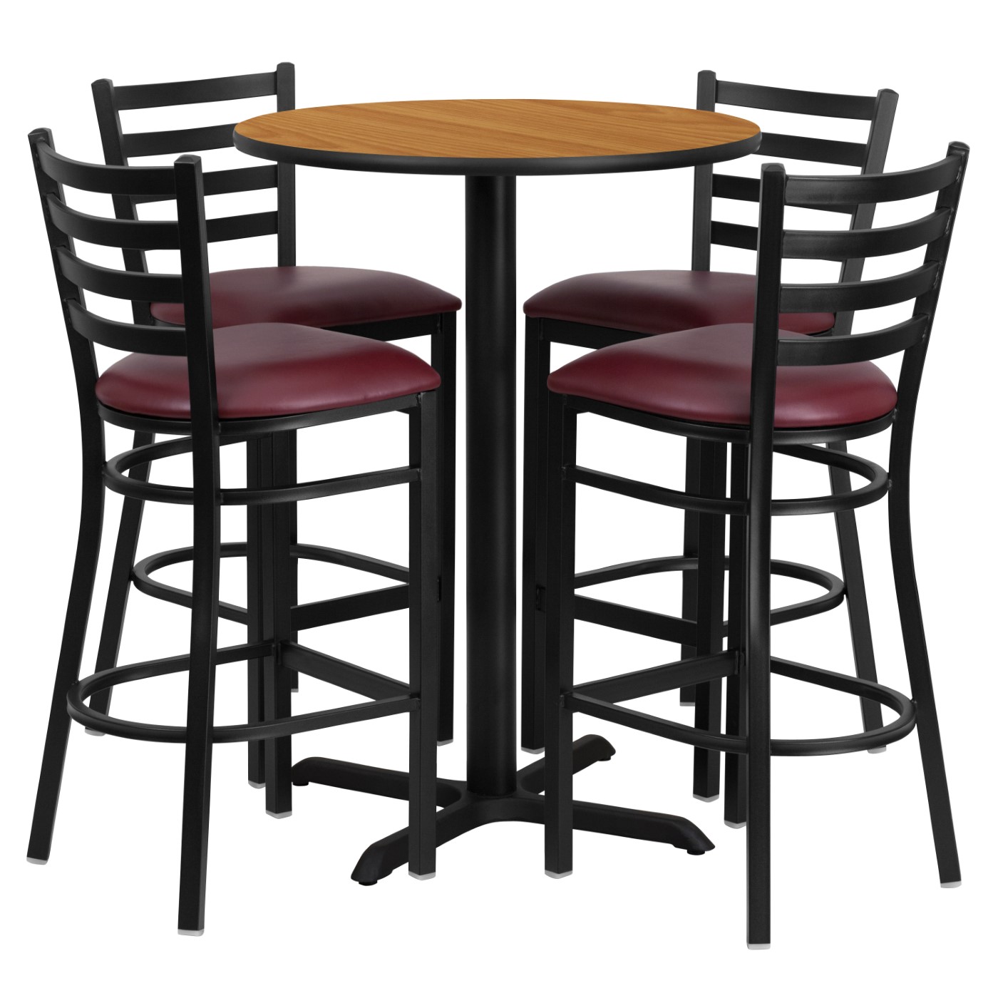 30'' ROUND NATURAL LAMINATE TABLE SET WITH X-BASE AND 4 LADDER BACK METAL BARSTOOLS - BURGUNDY VINYL SEAT: <font color=green>FREE SHIPPING!</font> 30'' ROUND NATURAL LAMINATE TABLE SET WITH X-BASE AND 4 LADDER BACK METAL BARSTOOLS - BURGUNDY VINYL SEAT: <font color=green>FREE SHIPPING!</font>