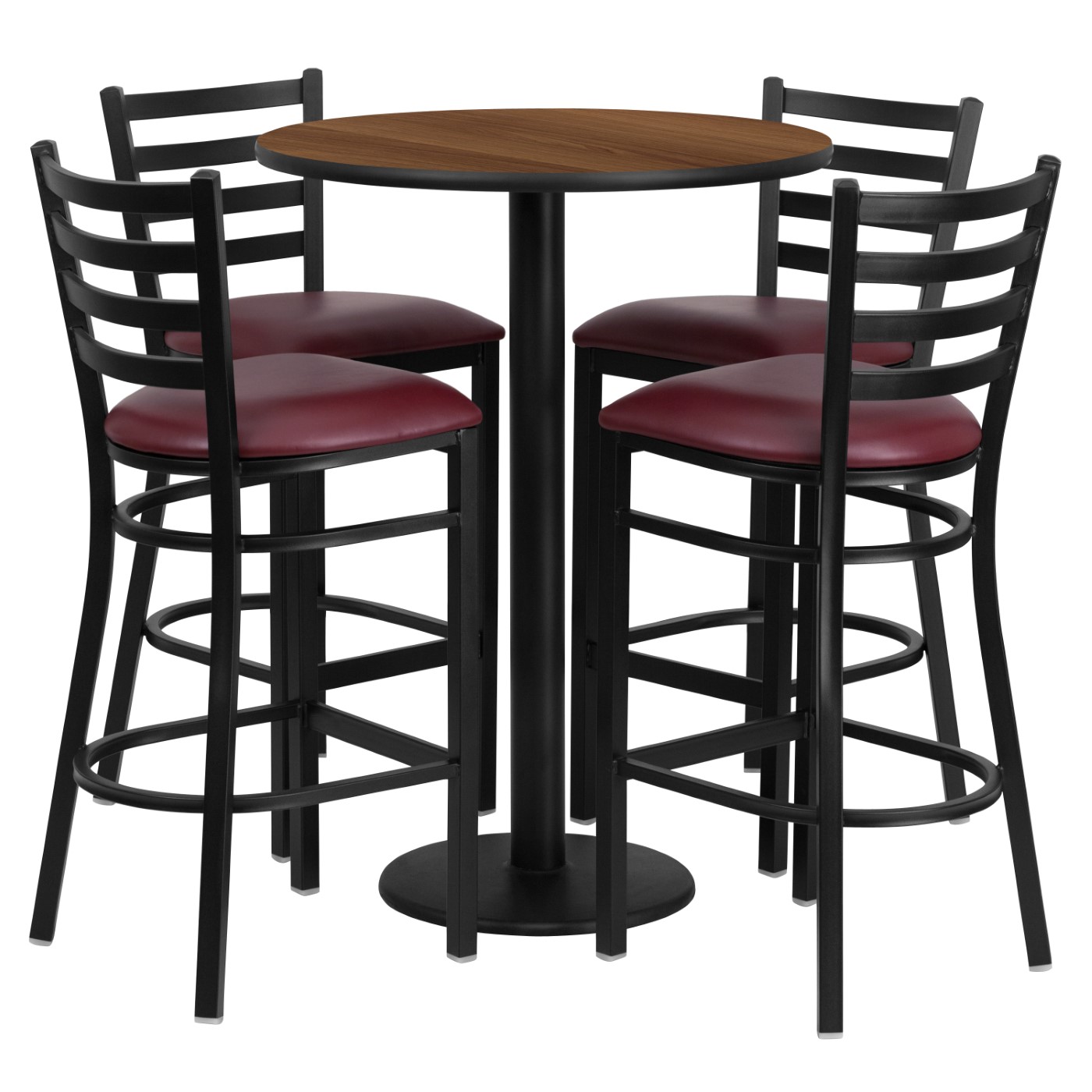 30'' ROUND WALNUT LAMINATE TABLE SET WITH ROUND BASE AND 4 LADDER BACK METAL BARSTOOLS - BURGUNDY VINYL SEAT: <font color=green>FREE SHIPPING!</font> 30'' ROUND WALNUT LAMINATE TABLE SET WITH ROUND BASE AND 4 LADDER BACK METAL BARSTOOLS - BURGUNDY VINYL SEAT: <font color=green>FREE SHIPPING!</font>