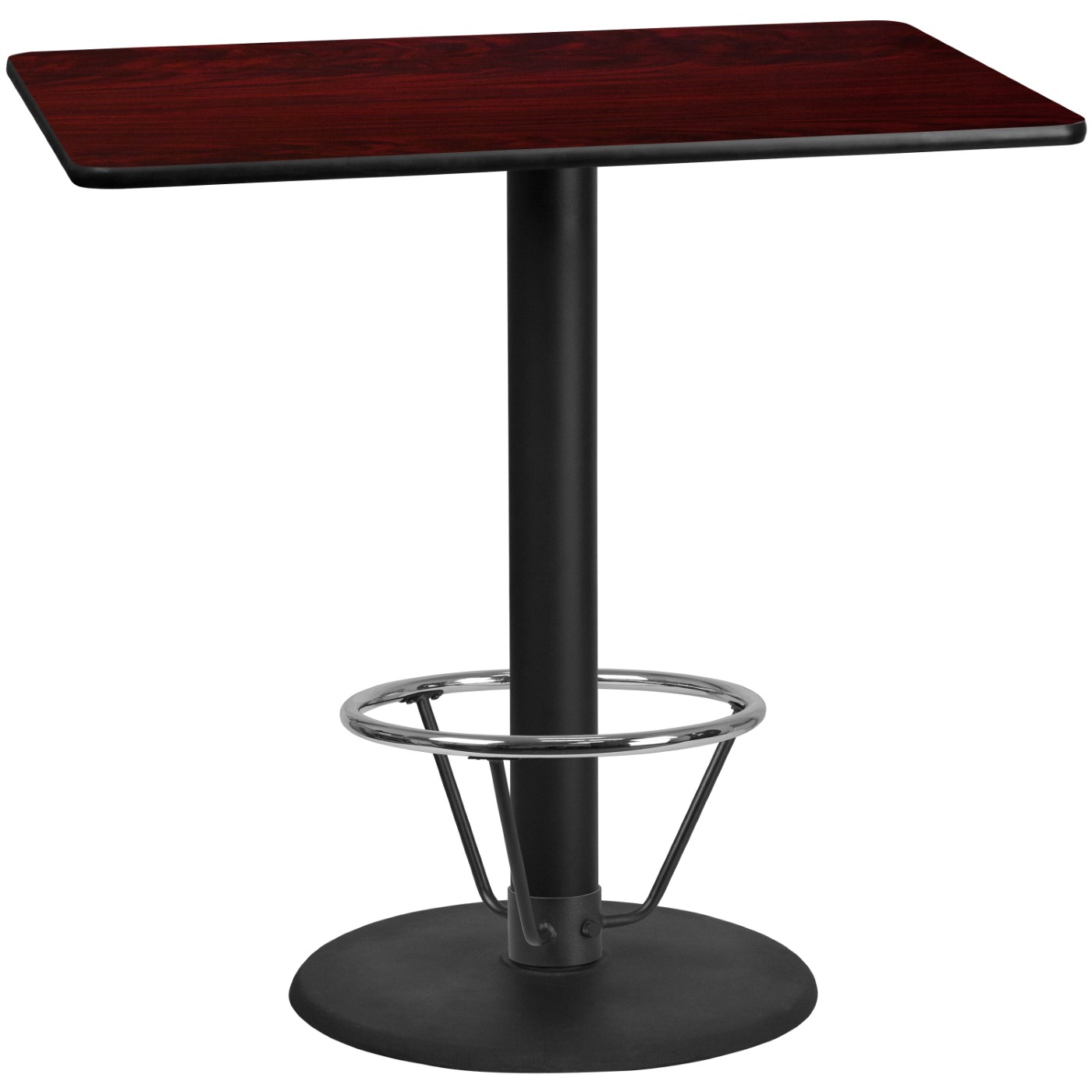 30'' X 48'' RECTANGULAR MAHOGANY LAMINATE TABLE TOP WITH 24'' ROUND BAR HEIGHT TABLE BASE AND FOOT RING <font color=green>FREE SHIPPING!</font> 30'' X 48'' RECTANGULAR MAHOGANY LAMINATE TABLE TOP WITH 24'' ROUND BAR HEIGHT TABLE BASE AND FOOT RING <font color=green>FREE SHIPPING!</font>