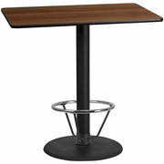 30'' X 48'' RECTANGULAR WALNUT LAMINATE TABLE TOP WITH 24'' ROUND BAR HEIGHT TABLE BASE AND FOOT RING <font color=green>FREE SHIPPING!</font>