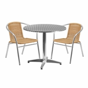31.5'' ROUND ALUMINUM INDOOR-OUTDOOR TABLE SET WITH 2 BEIGE RATTAN CHAIRS <font color=green>FREE SHIPPING!</font>