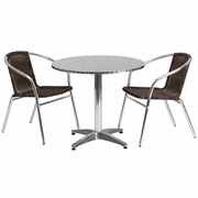 31.5'' ROUND ALUMINUM INDOOR-OUTDOOR TABLE SET WITH 2 DARK BROWN RATTAN CHAIRS <font color=green>FREE SHIPPING!</font>